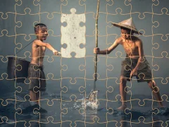Jwèt Children Fishing Teamwork Jigsaw sou entènèt